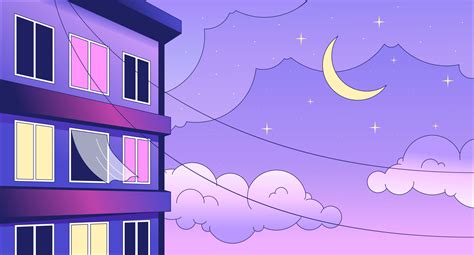 Windows apartment building night lo fi chill wallpaper. Moonlight night sky residential 2D ...