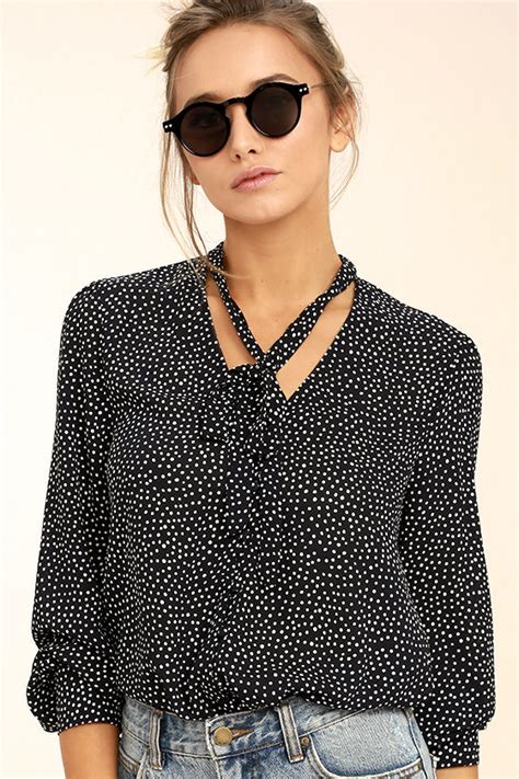 Cute Black Top - Polka Dot Top - Button-Up Top - Long Sleeve Top - $49.00