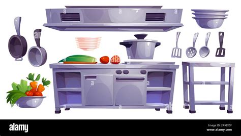 Restaurant kitchen interior set for chef cook cartoon vector illustration. Commercial hotel ...