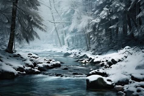 Premium AI Image | a stream running through a snow covered forest