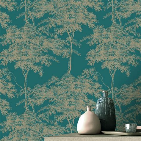 TEAL / GREEN WALLPAPER - GEOMETRIC FLORAL LEAVES ANIMALS METALLIC ...