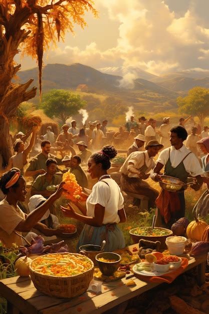 Premium AI Image | a painting of a group of people with food and a tree in the background