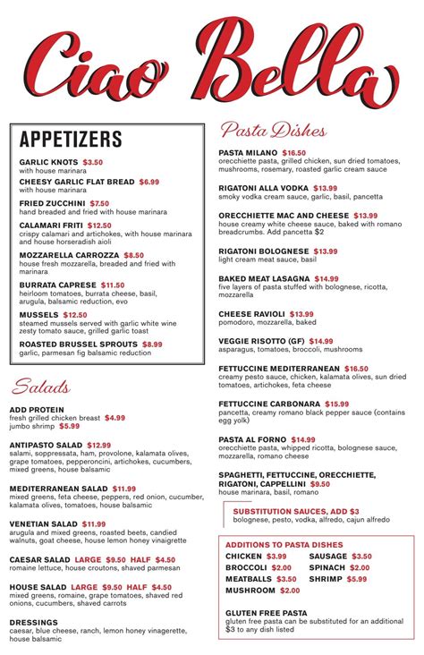 Menu at Ciao Bella Italian Restaurant, Prescott Valley