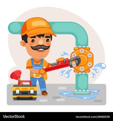 Cartoon plumber repairing a pipe Royalty Free Vector Image