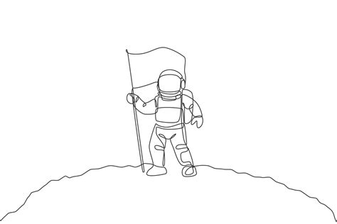 One single line drawing of space man astronaut exploring moon surface and planting the flag to ...