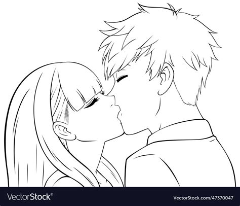 Anime boy and girl kissing line art Royalty Free Vector