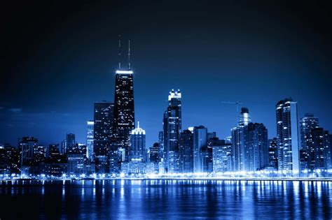 Download Chicago City Night Skyline With Blue Lights Wallpaper ...