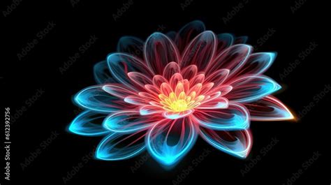 Multicolor neon light drawing, abstract shape flowers isolated on black ...