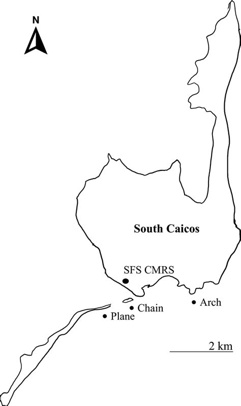 Map of South Caicos, located within the Turks and Caicos Islands in the ...