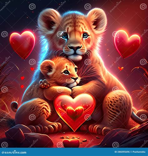 Lion Cubs Hugging Heart Lion Family in Love with Red Hearts. Valentine S Day Card. Generative AI ...