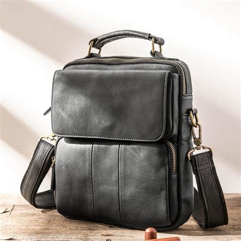 Black Leather Mens Vertical Small Briefcase Work Handbag Side Bag Busi ...