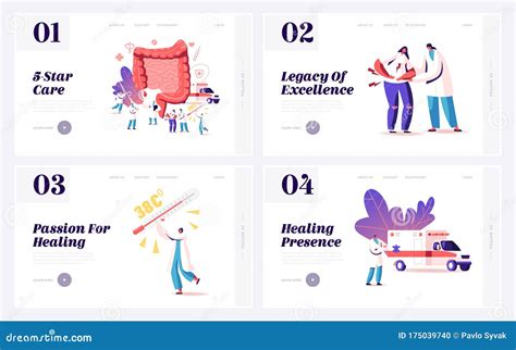 Appendix Pain, Appendicitis Disease Treatment Landing Page Template Set. Doctors Characters Help ...