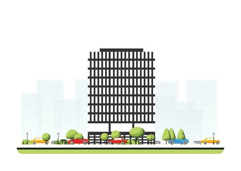 City district with tall modern building in flat style with trees and ...