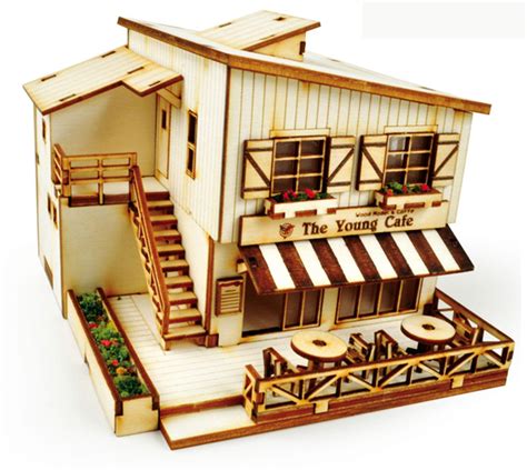 CAFE HOUSE WOODEN MODEL KIT HO Scales 3D Wood Miniature Series Diorama ...