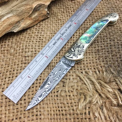 High Quality Small Folding Blade Knife Damascus Steel Blade Brass+Shell Handle Pocket Knife ...