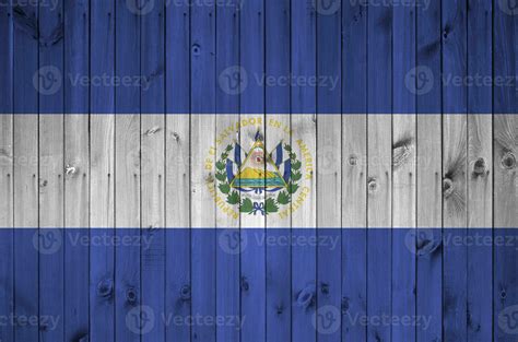 El Salvador flag depicted in bright paint colors on old wooden wall ...