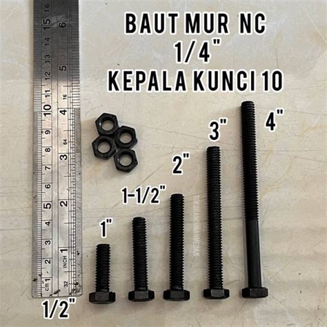 Jual BAUT MUR HITAM 1/4 INCH - KEPALA KUNCI 10 MM DRAT KASAR - 1/2 inch ...