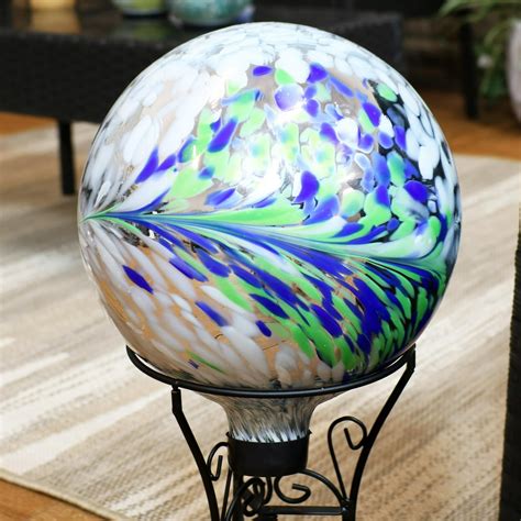 Sunnydaze Floral Spring Splash Gazing Ball - White, Blue and Green Decorative Glass Garden Globe ...
