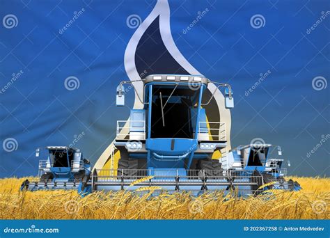 Industrial 3D Illustration of Four Light Blue Combine Harvesters on Grain Field with Flag ...