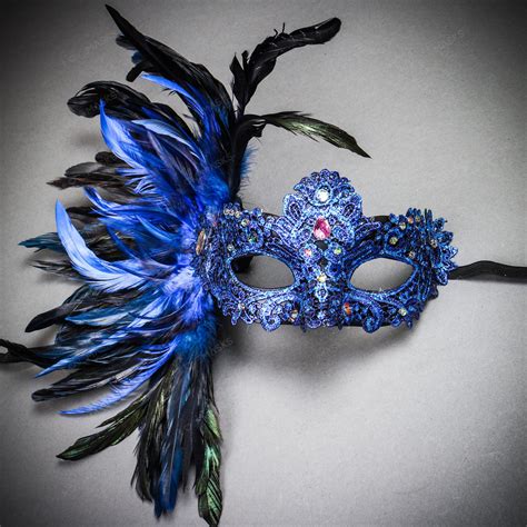 Blue Masquerade Masks With Feathers