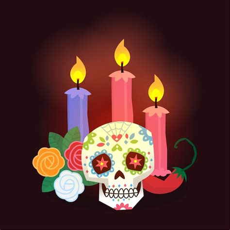 Premium Vector | Day of the dead altar with burning candles coloured skull decorated with ...