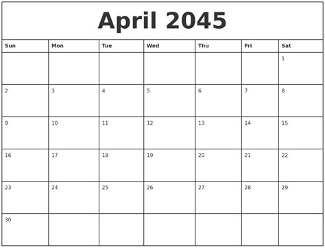 April 2045 Printable Monthly Calendar