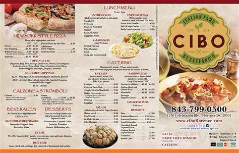 Cibo menu in Florence, South Carolina, USA