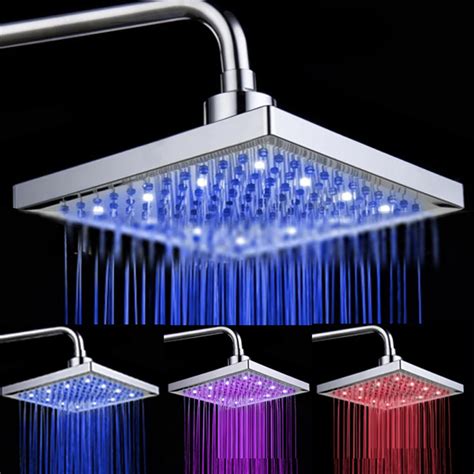 Waterfall Sqaure 8 inch 3 Colors Color Changing Temperature Sensor LED Shower Head Showerhead ...