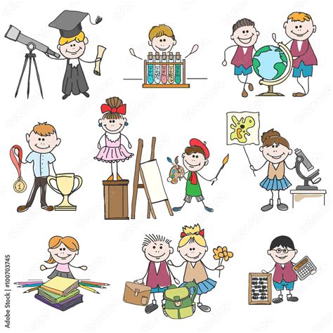 Kids hobbies doodle drawings. Boy and girl, childhood and school ...