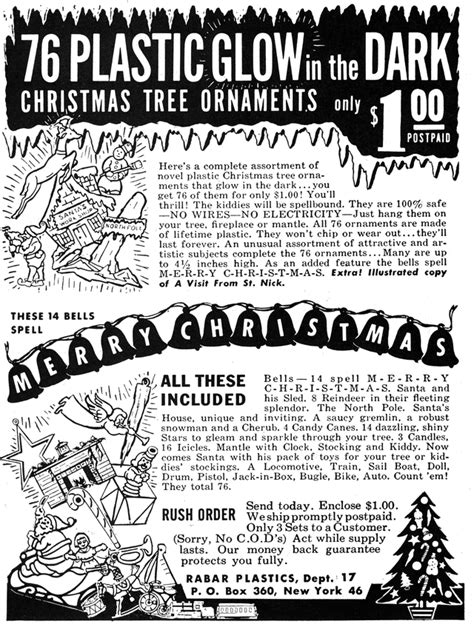 Plastic Glow-In-The-Dark Christmas Tree Ornaments (1951) : r/vintageads