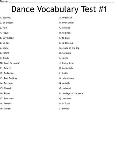 Dance Vocabulary Test #1 Worksheet - WordMint