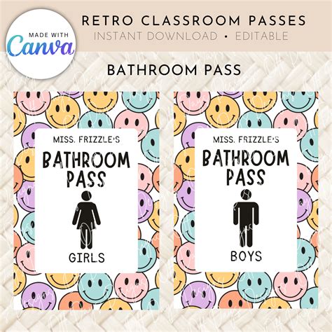 Retro Theme Classroom Bathroom/hall Passes for Teachers, Canva Editable Template, DIGITAL ...