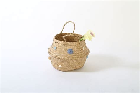 Pom pom basket, seagrass basket in Serenity Blue | Garmentory