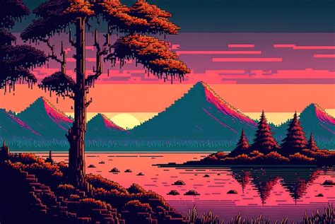 Premium AI Image | Pixel art natural landscape with 80s colors with trees lake and mountains ...