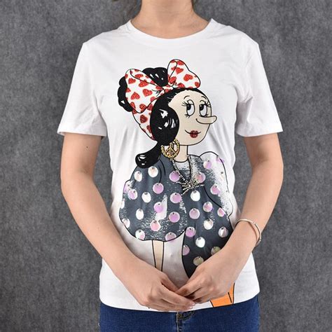 Free Shipping t shirt women Short Sleeve Sequined Cartoon Girl Print T shirts For Ladies Casual ...