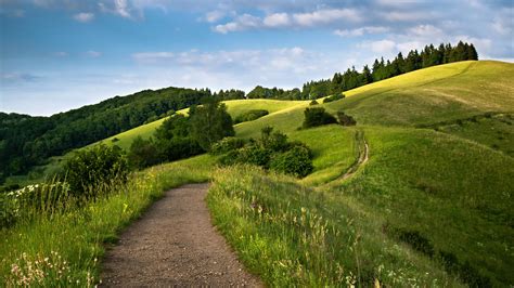 Collines, route, herbe, nuages, Arbres, ciel Fonds d'écran - 3840x2160 UHD 4K | Field wallpaper ...