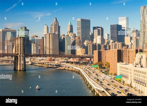 Aerial view of Downtown Manhattan at sunset, New York City Stock Photo ...