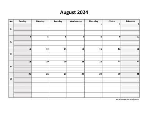 August 2024 Calendar Free Printable with grid lines designed ...