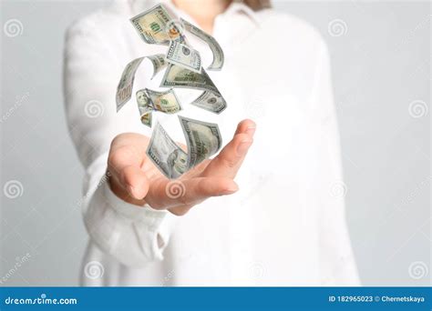 Woman with Money on Light Grey Background. Currency Exchange Stock Image - Image of currency ...