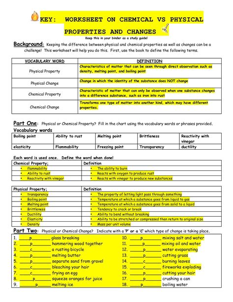 Physical Chemical Properties Changes Worksheets