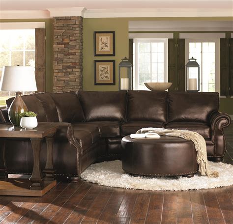Luxurious Chocolate Brown Leather Sectional with Round Ottoman