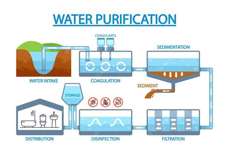 Premium Vector | Water purification stages involve intake of raw water ...