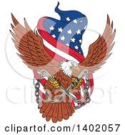 Bald Eagle Flying with an American Flag and Towing J Hook and Gray Rays Background or Business ...