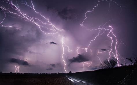 Download wallpaper 3840x2400 lightning, thunderstorm, road, field 4k ...