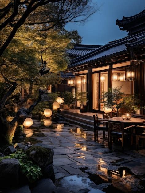 Premium Photo | A real shot evening courtyard garden design Chinese ...