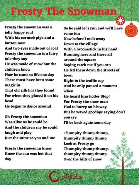 Frosty The Snowman Lyrics- Christmas Carol | Christmas songs lyrics ...