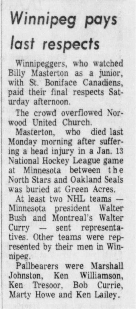 The Death of Bill Masterton | Manitoba Hockey Hall of Fame