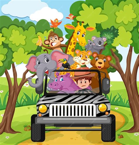 Premium Vector | Zoo scene with happy animals in the car