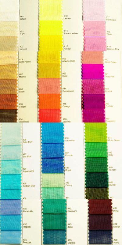 several colors of fabric are arranged in rows on a white sheet with text below them