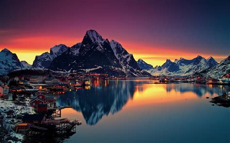 Lofoten Islands Norway Reine Lofoten Sunset Mountain Winter Snow Sea ...